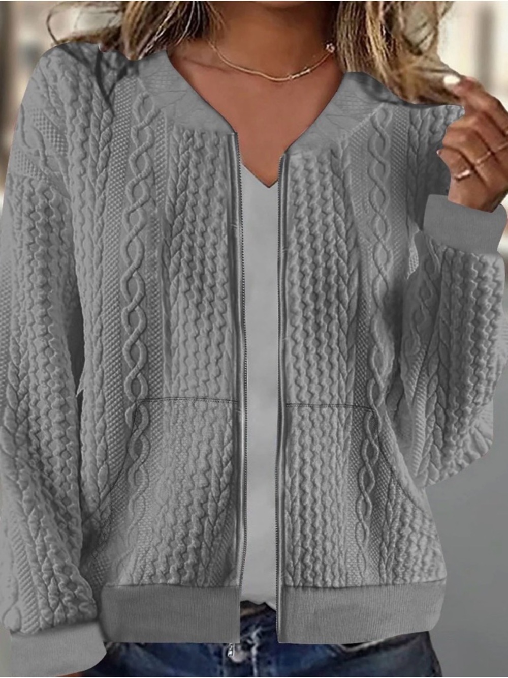 Source Unknown Gray Cable Knit Zip Bomber Jacket